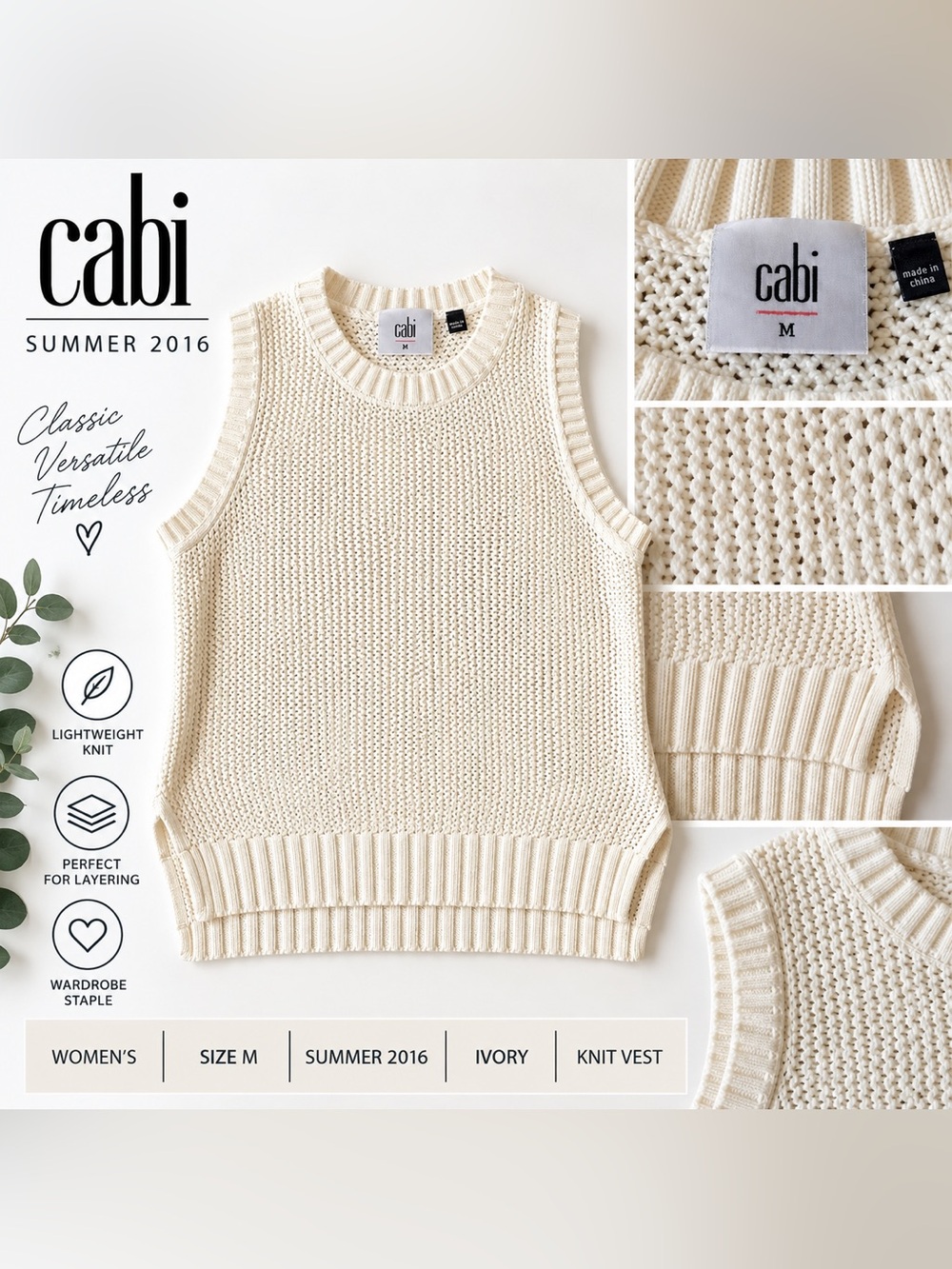 CAbi Ivory Knit Sleeveless V-Neck Vest